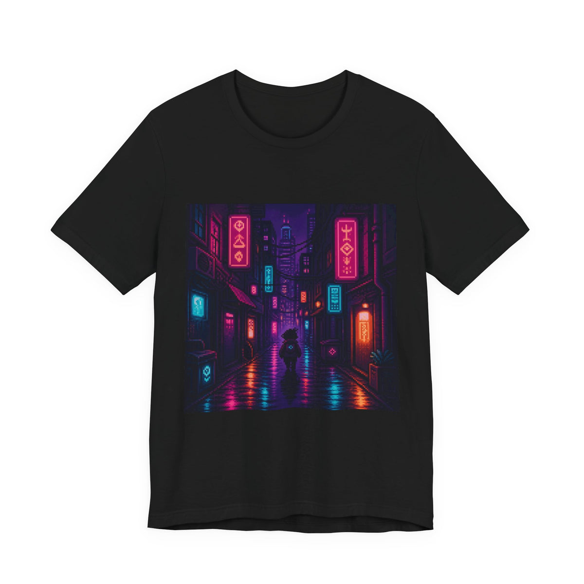 Neon District Graphic Tee — Original Pixel Art Cityscape Shirt, Anime-Aesthetic Tee — original Wear8bit pixel-art product design, product image 2, digital mockup