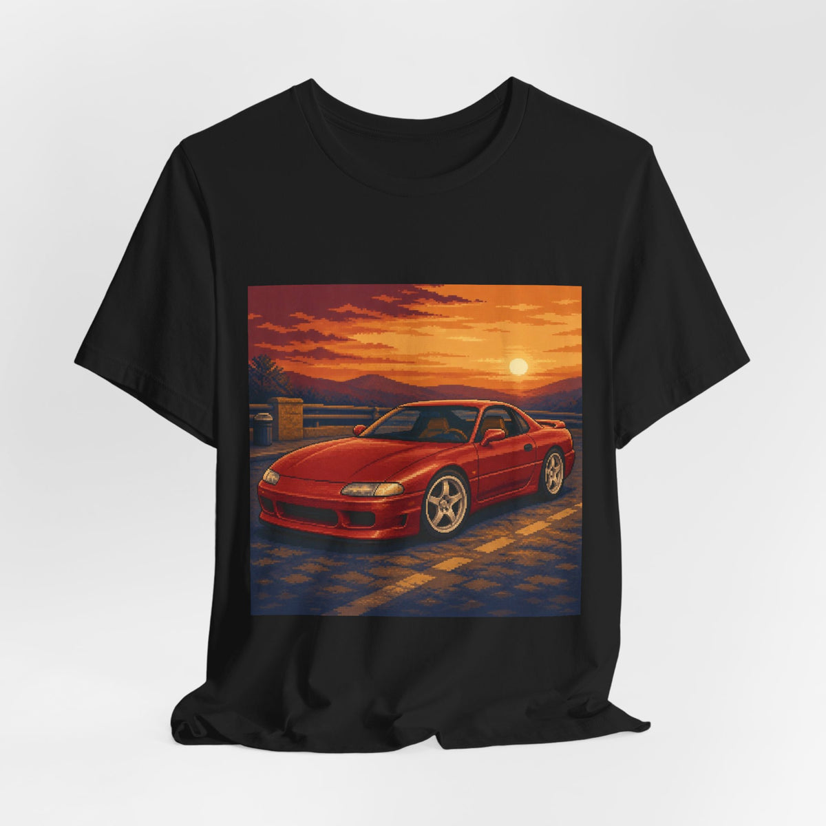 Sunset Grand Tourer Pixel Art Tee — 90s Night Drive — original Wear8bit pixel-art product design, product image 5, digital mockup
