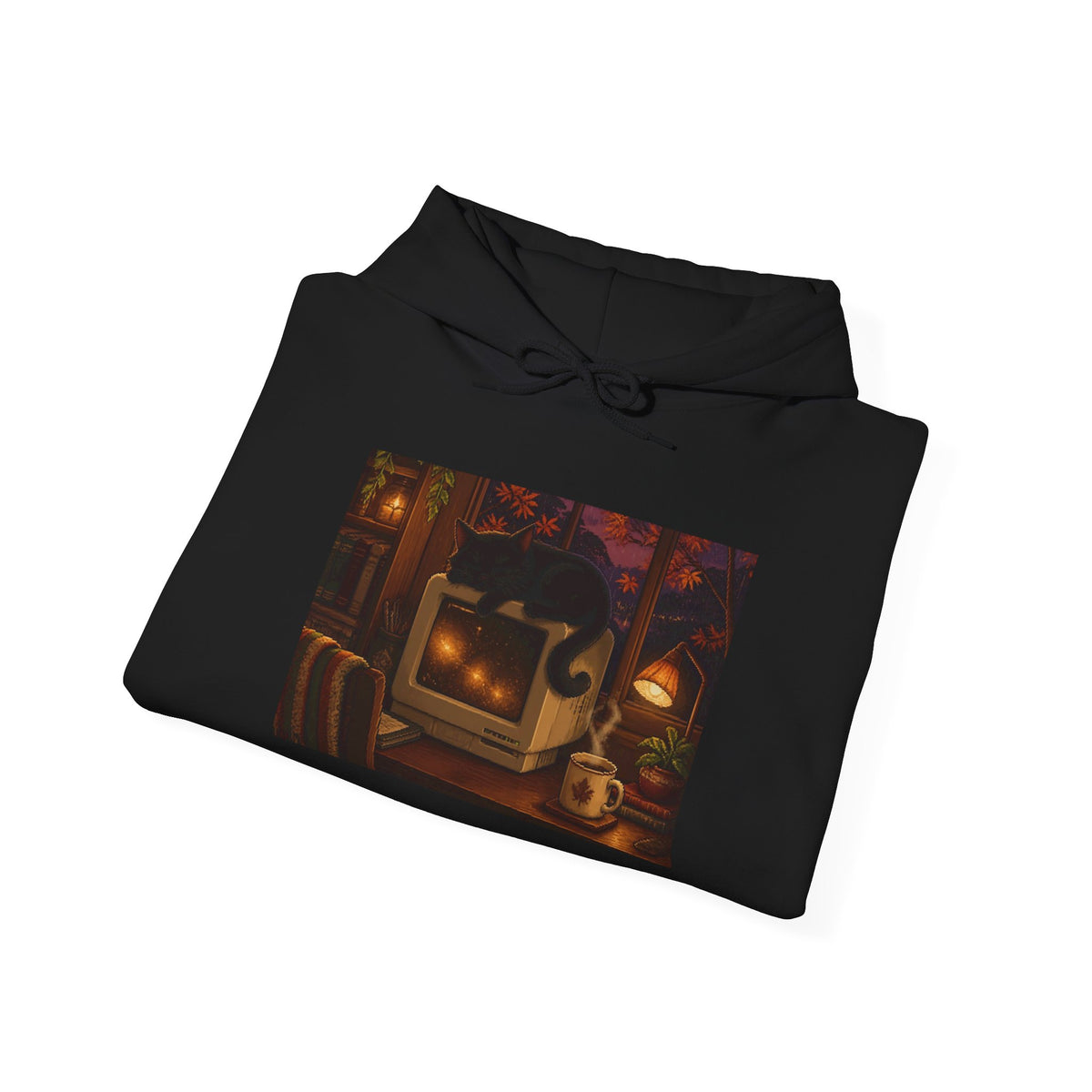 Rainy CRT Cat Pixel Art Fleece Hoodie — Fall & Cozy — original Wear8bit pixel-art product design, product image 6, digital mockup