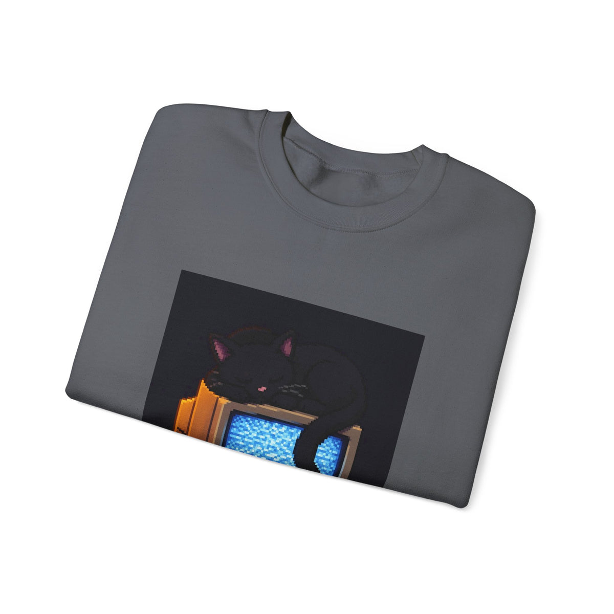 CRT Cat Pixel Art Crewneck Sweatshirt — Winter & Cozy — original Wear8bit pixel-art product design, product image 8, digital mockup