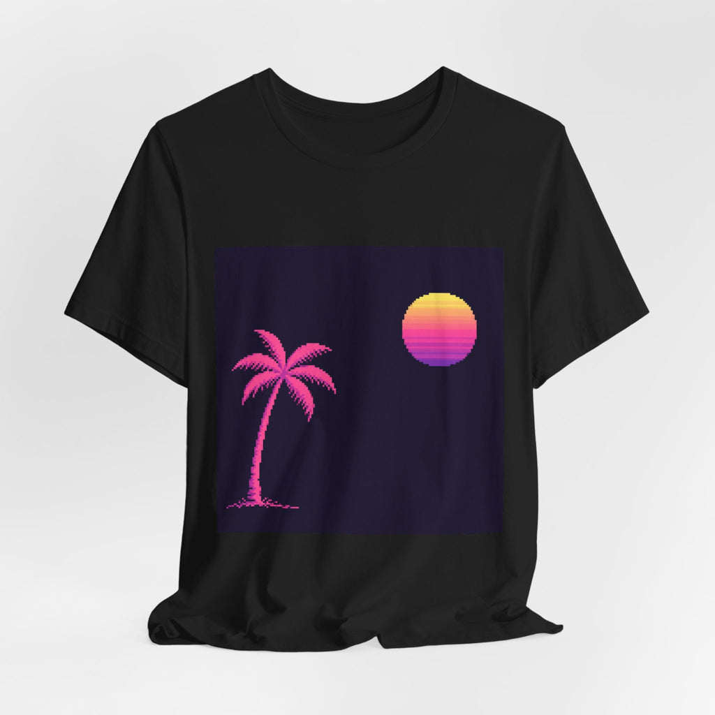 Palm & Chrome Sun Graphic Tee — Minimalist Synthwave Pixel Art Shirt — original Wear8bit pixel-art product design, product image 5, digital mockup