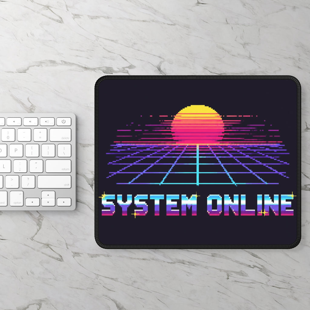 System Online Mousepad — Synthwave Pixel Art Wordmark Desk Mat, Retro Gaming Decor — original Wear8bit pixel-art product design, product image 3, digital mockup