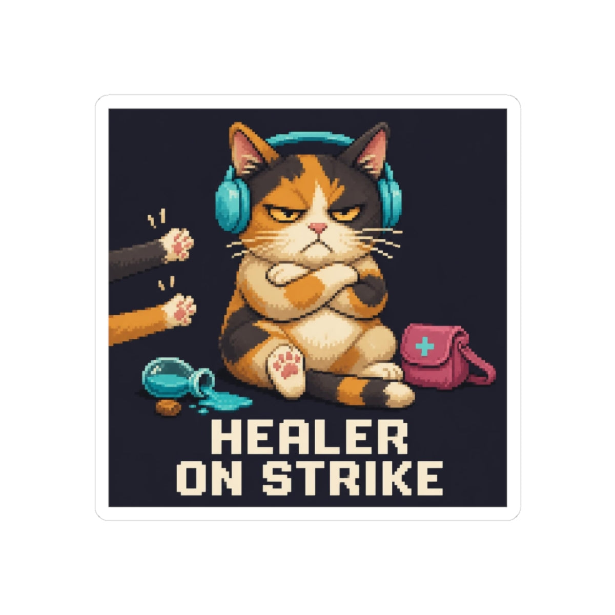 Healer On Strike Gaming Cat Sticker — Wear8bit — supplier digital product render, angle 1
