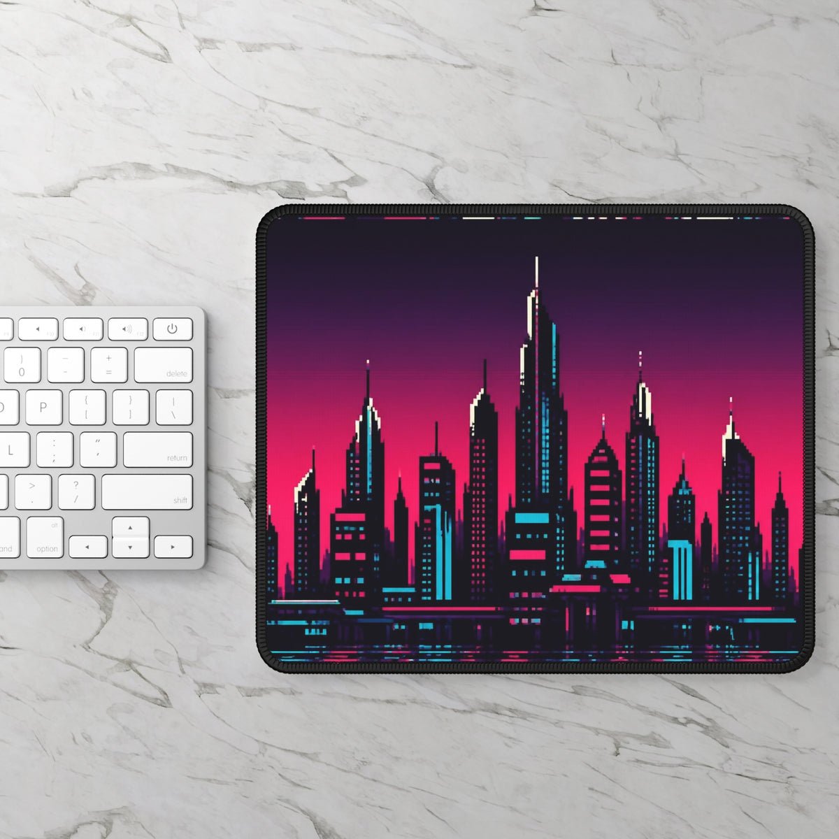 Chrome Skyline Mousepad — Retro-Futurist Pixel Art Desk Mat, Synthwave Decor — original Wear8bit pixel-art product design, product image 3, digital mockup