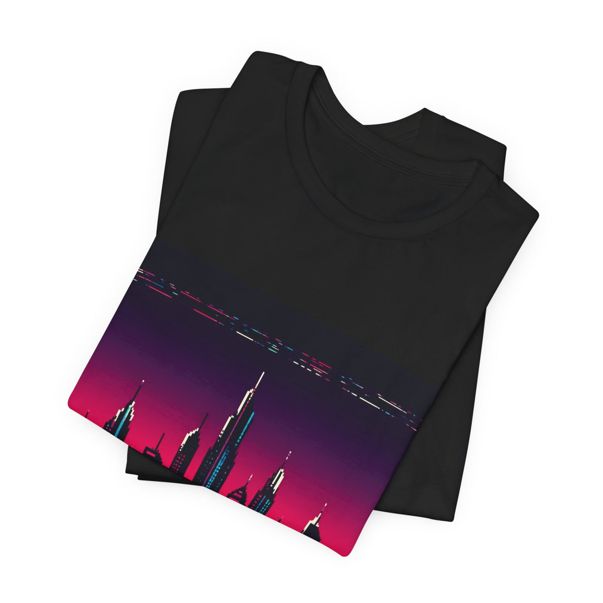 Chrome Skyline Graphic Tee — Retro-Futurist Pixel Art, Synthwave Gaming Shirt — original Wear8bit pixel-art product design, product image 4, digital mockup