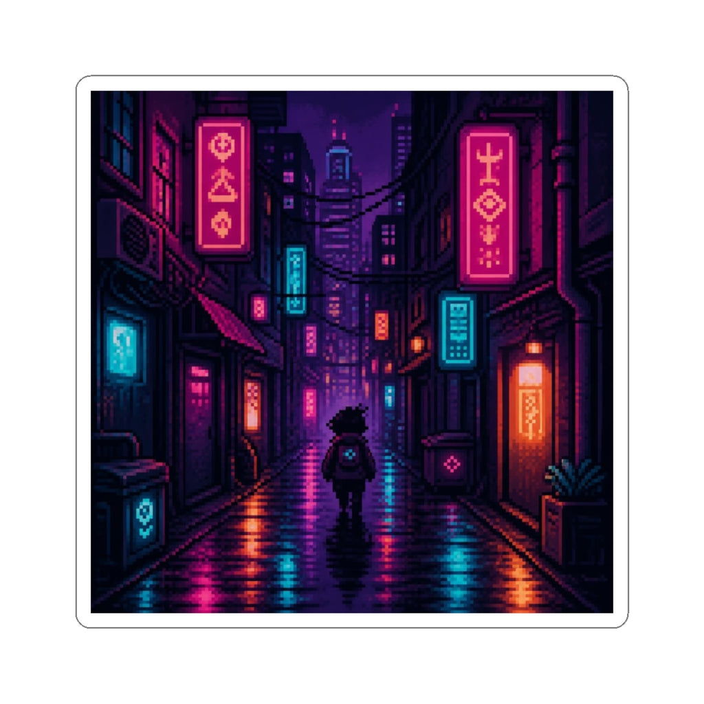 Neon District Sticker — Original Pixel Art Cityscape Decal, Anime-Aesthetic Vinyl Sticker — original Wear8bit pixel-art product design, product image 2, digital mockup