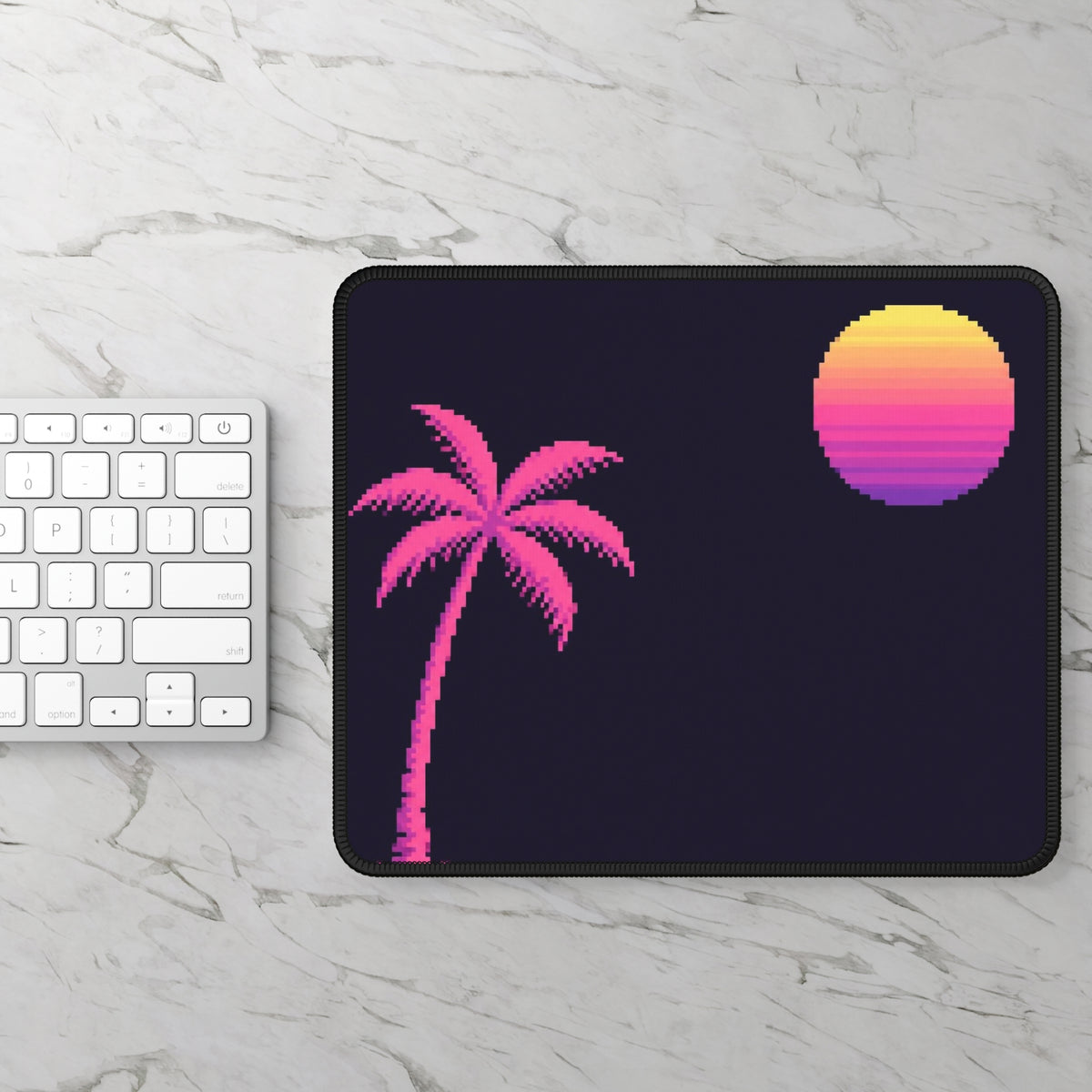 Palm & Chrome Sun Mousepad — Minimalist Synthwave Pixel Art Desk Mat — original Wear8bit pixel-art product design, product image 3, digital mockup