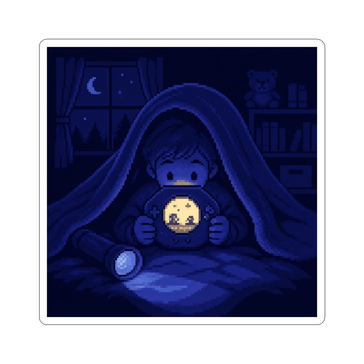 Moonlit Player Sticker — Flashlight Gaming Pixel Art Decal, Nostalgia Sticker — original Wear8bit pixel-art product design, product image 2, digital mockup