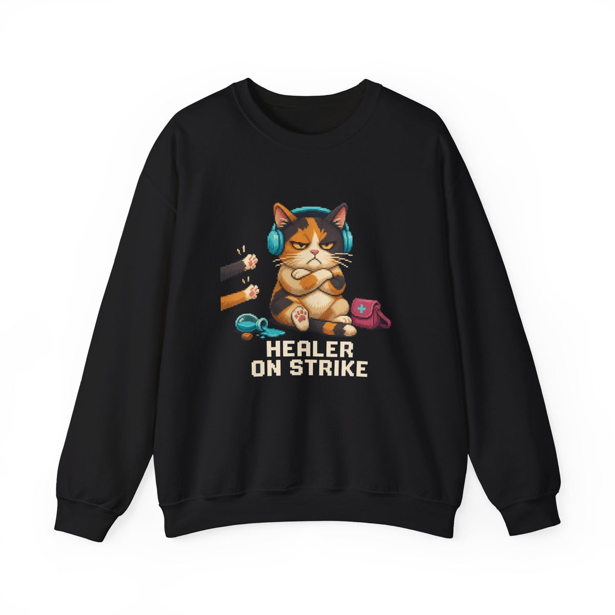 Healer On Strike Gaming Cat Crewneck Sweatshirt — Wear8bit — supplier digital product render, angle 1