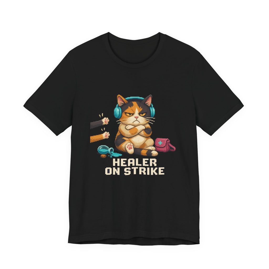 Healer On Strike Gaming Cat T-Shirt — Wear8bit — supplier digital product render, angle 1