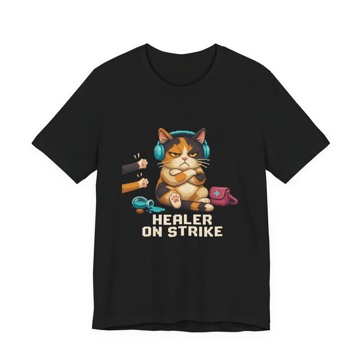 Healer On Strike Gaming Cat T-Shirt — Wear8bit — supplier digital product render, angle 1