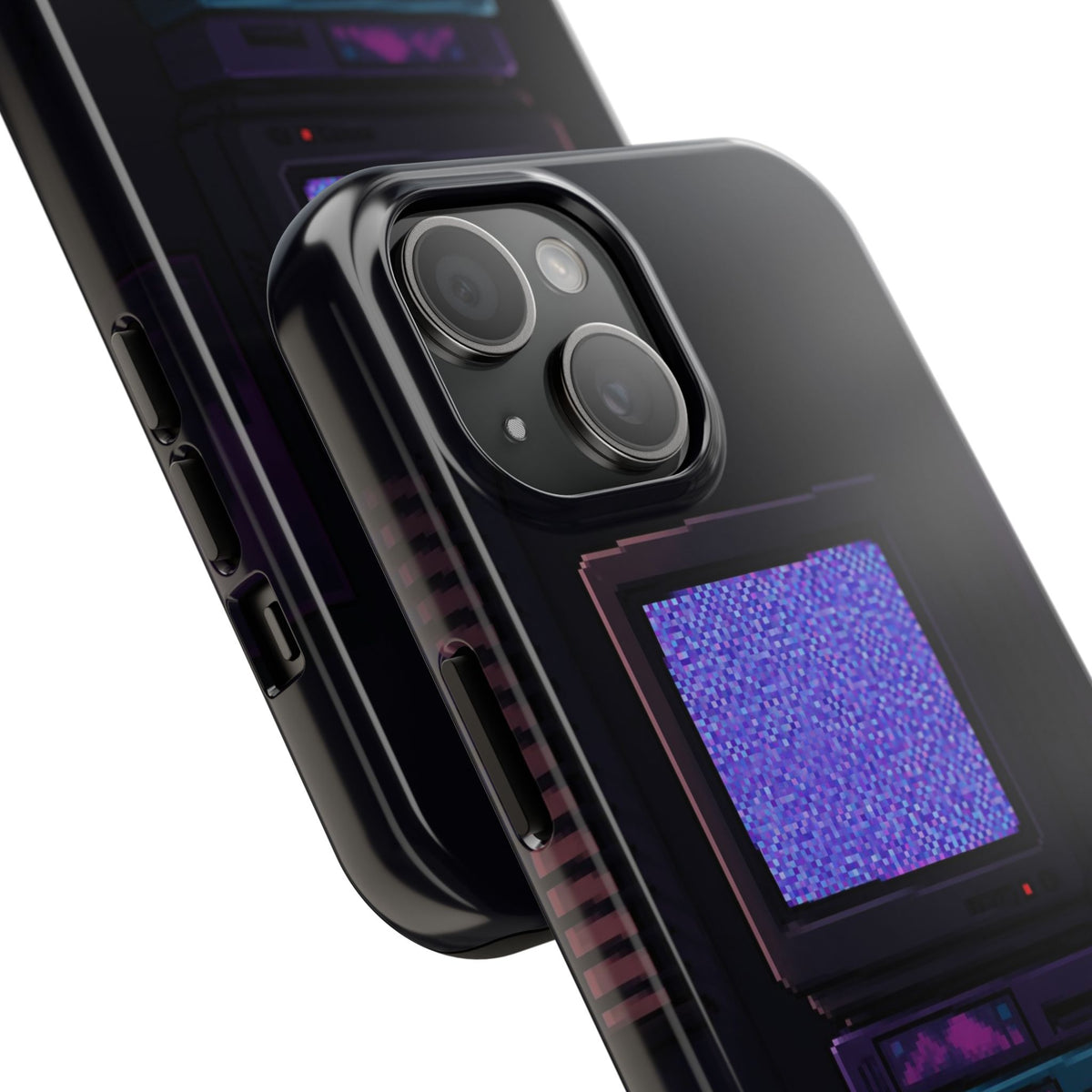 Static Noise Phone Case — Vertical CRT Pixel Art Case, Synthwave Phone Case — original Wear8bit pixel-art product design, product image 3, digital mockup
