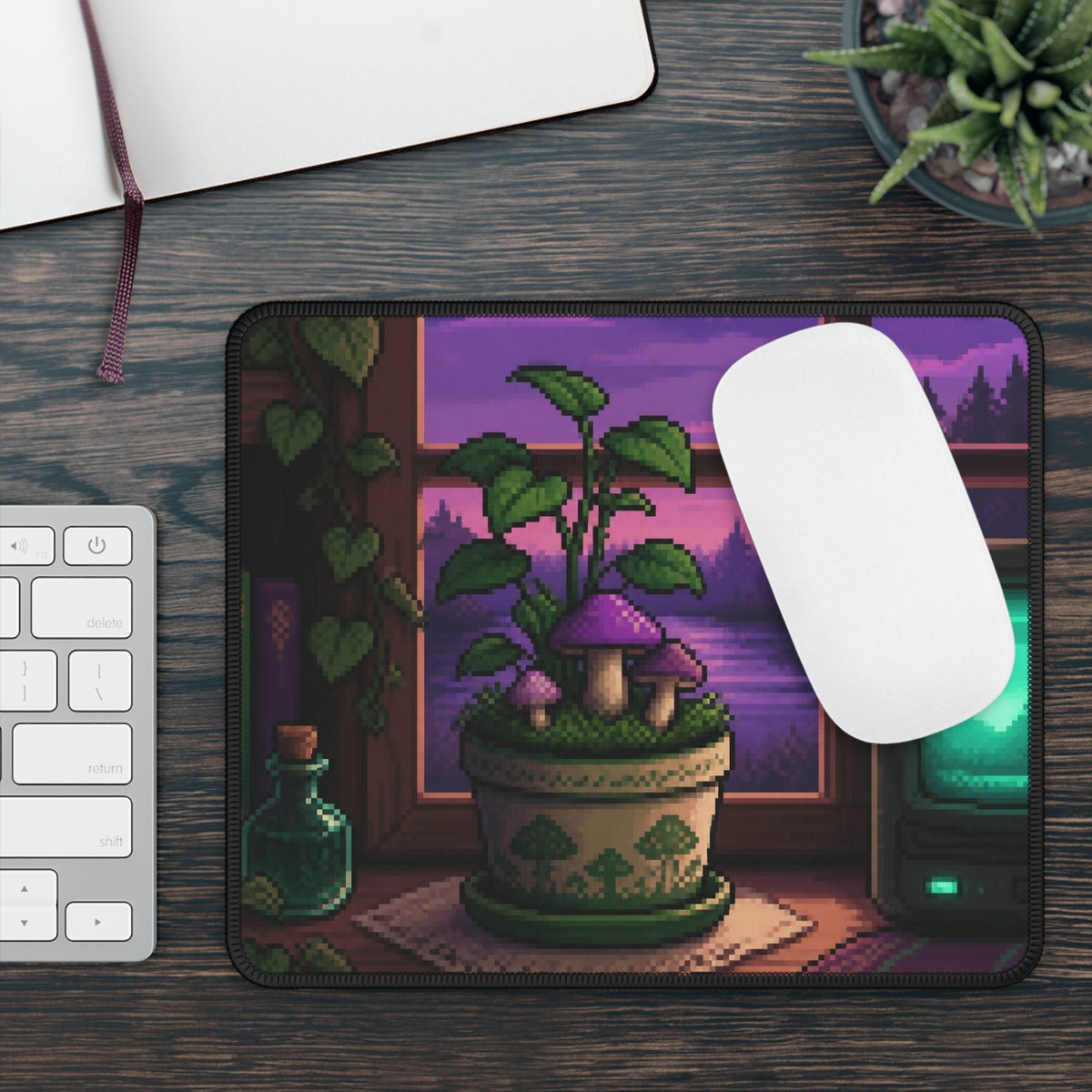 Pixel Garden Mousepad — Cottagecore Pixel Art Desk Mat, CRT-Glow Decor — original Wear8bit pixel-art product design, product image 4, digital mockup