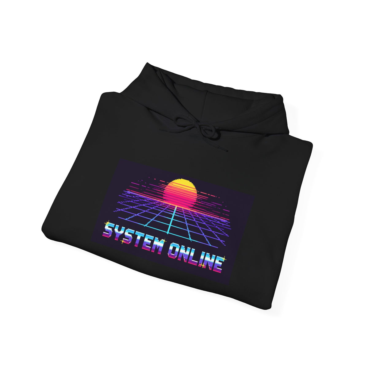 System Online Hoodie — Synthwave Pixel Art Wordmark Pullover, Retro Gaming Merch — original Wear8bit pixel-art product design, product image 5, digital mockup
