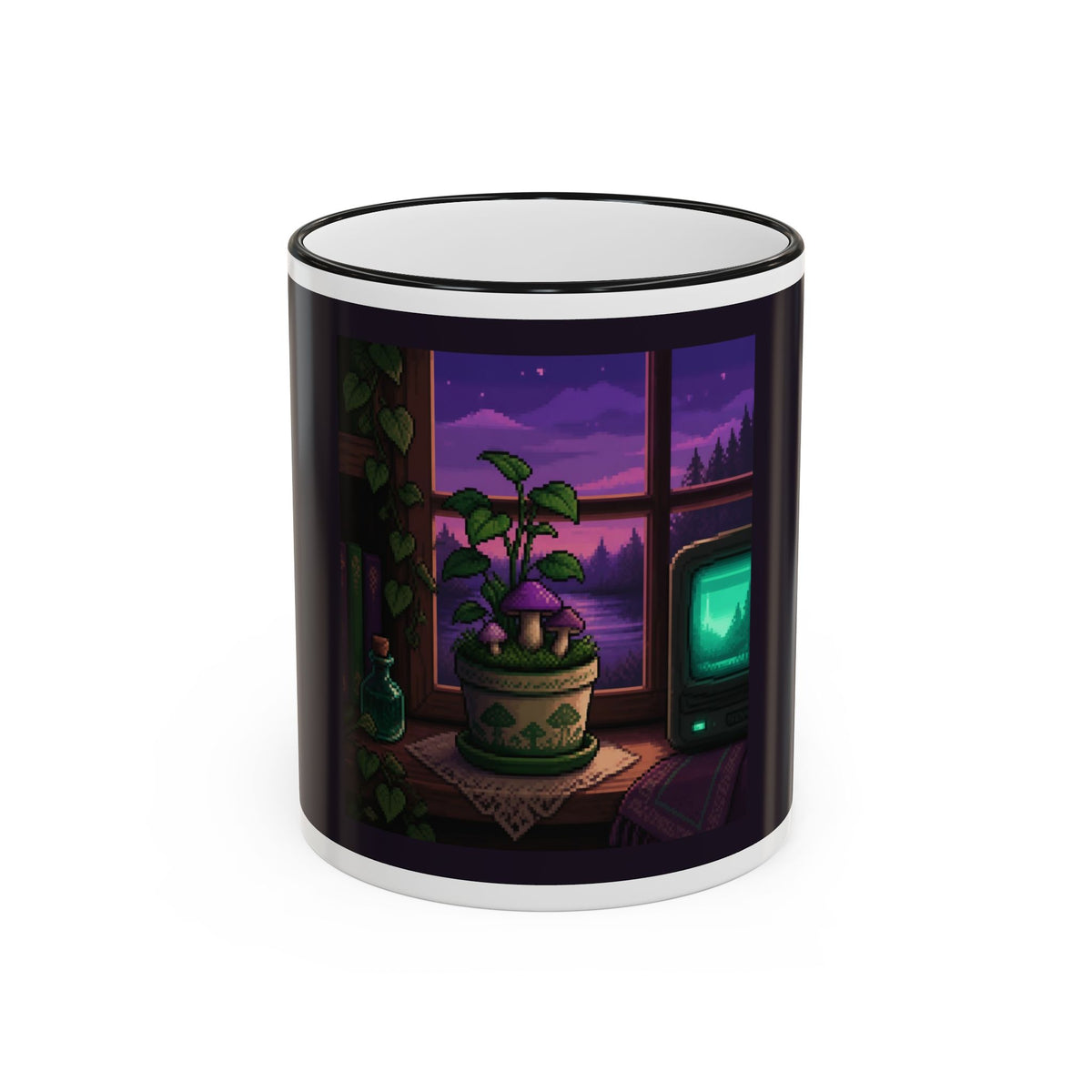 Pixel Garden Mug — Cottagecore Pixel Art Coffee Mug, CRT-Glow Design — original Wear8bit pixel-art product design, product image 2, digital mockup