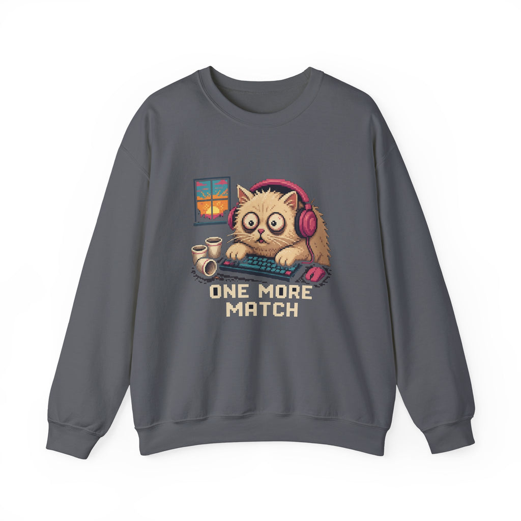 One More Match Gaming Cat Crewneck Sweatshirt — Wear8bit — supplier digital product render, angle 2