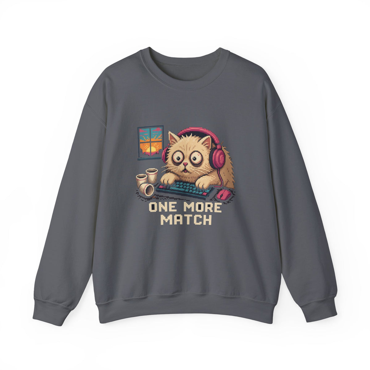 One More Match Gaming Cat Crewneck Sweatshirt — Wear8bit — supplier digital product render, angle 2