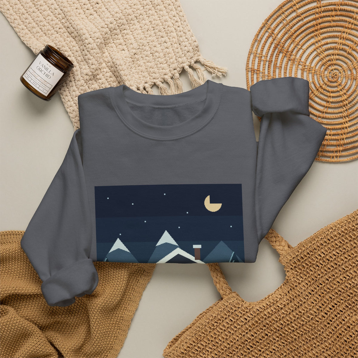 Snow Save Point Pixel Art Crewneck Sweatshirt — Winter & Cozy — original Wear8bit pixel-art product design, product image 9, digital mockup
