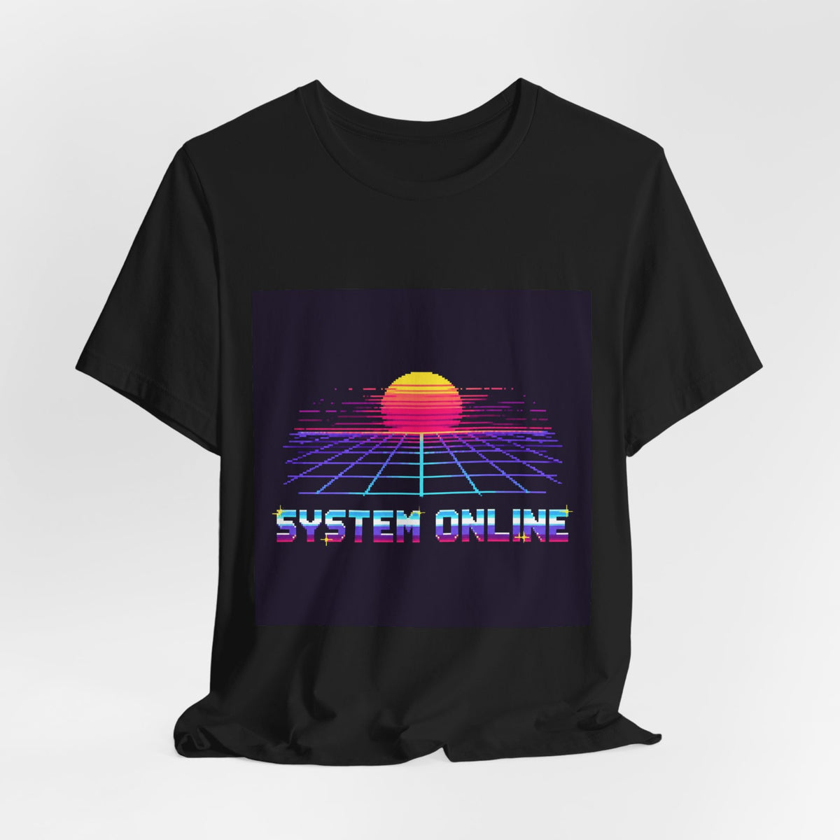 System Online Graphic Tee — Synthwave Pixel Art Chest Print, Retro Gaming Shirt — original Wear8bit pixel-art product design, product image 5, digital mockup