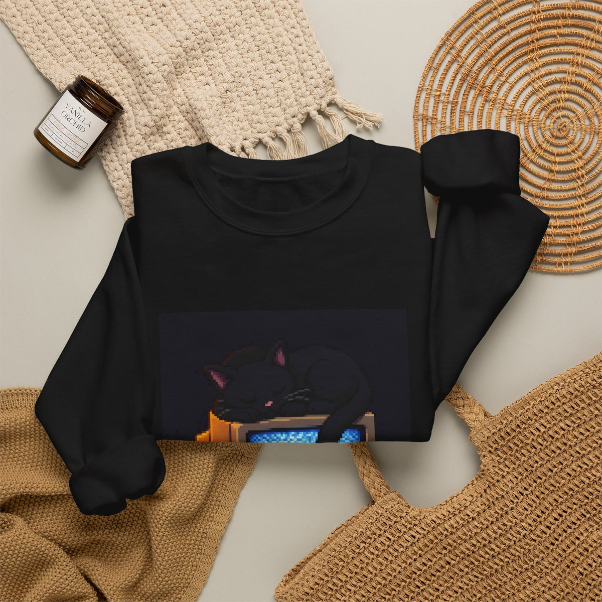 CRT Cat Pixel Art Crewneck Sweatshirt — Winter & Cozy — original Wear8bit pixel-art product design, product image 6, digital mockup