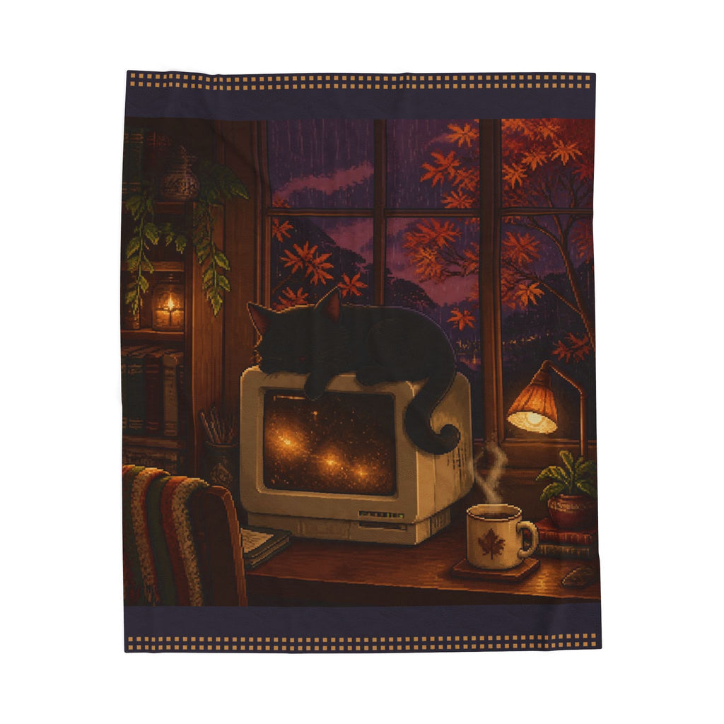 Rainy CRT Cat Pixel Art Plush Blanket — Fall & Cozy — original Wear8bit pixel-art product design, product image 2, digital mockup