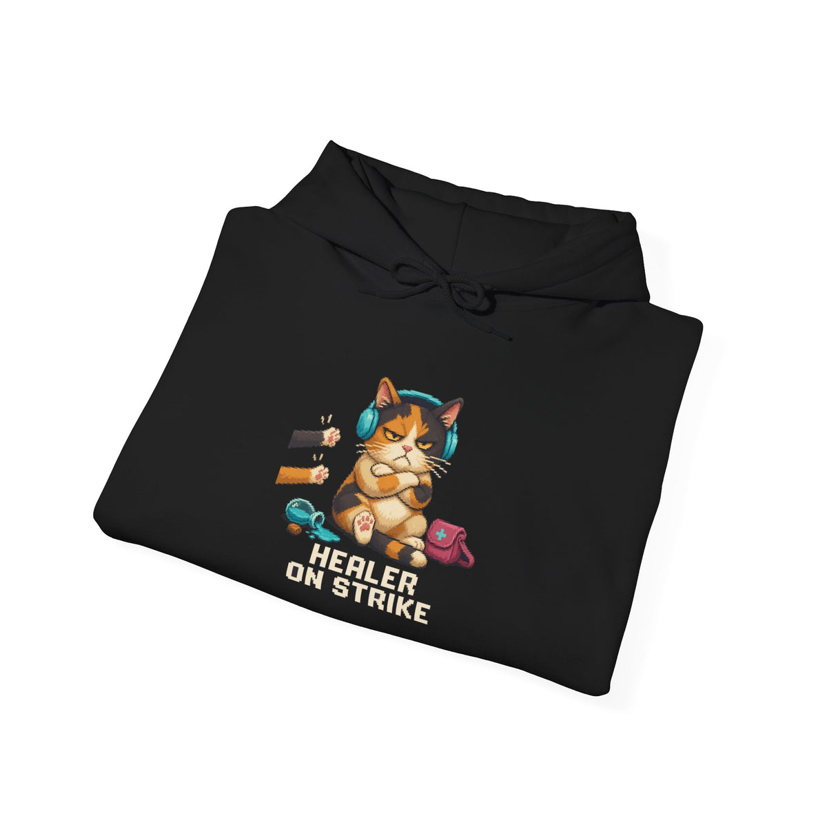 Healer On Strike Gaming Cat Fleece Hoodie — Wear8bit — supplier digital product render, angle 5