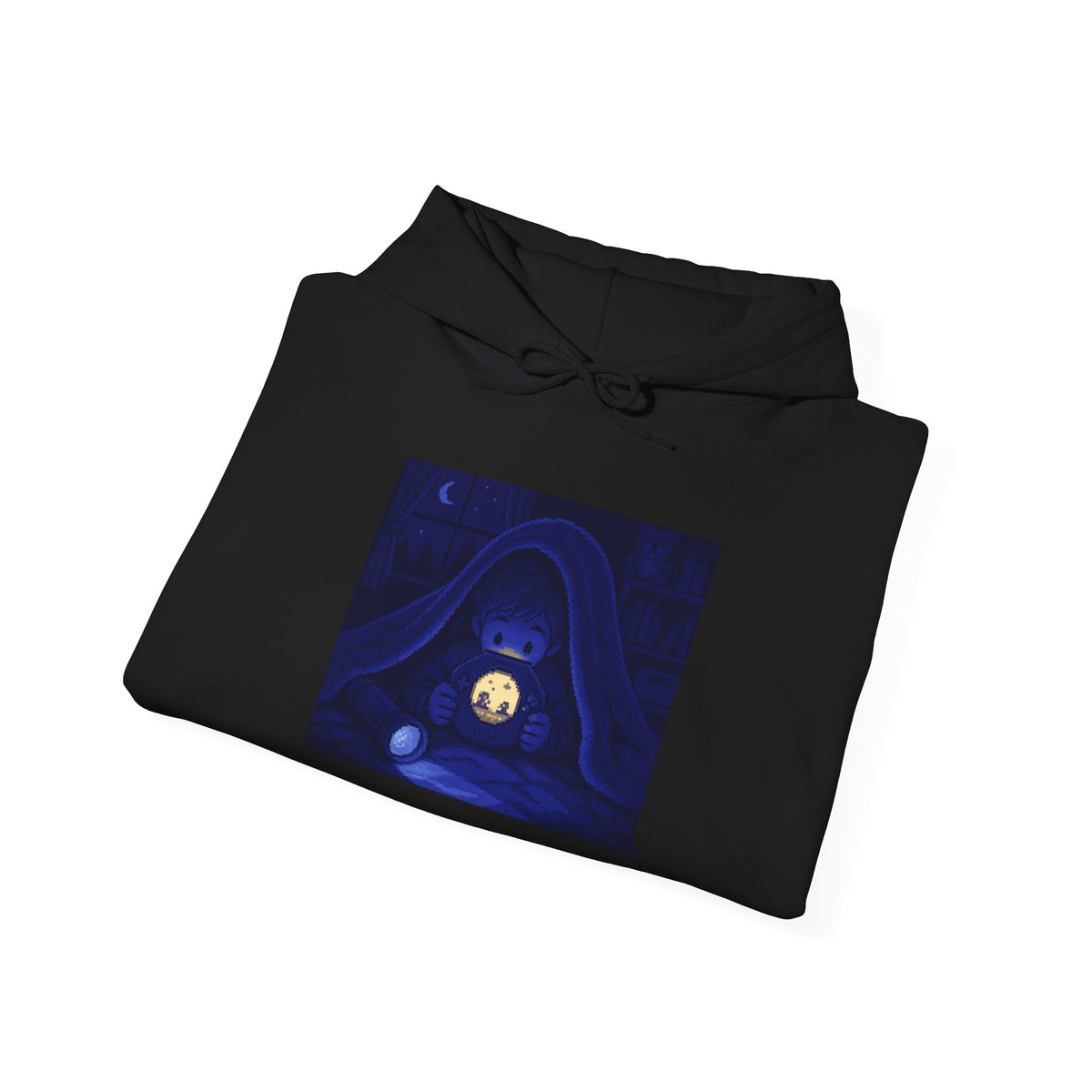 Moonlit Player Hoodie — Flashlight Gaming Pixel Art Pullover, Nostalgia Hoodie — original Wear8bit pixel-art product design, product image 5, digital mockup