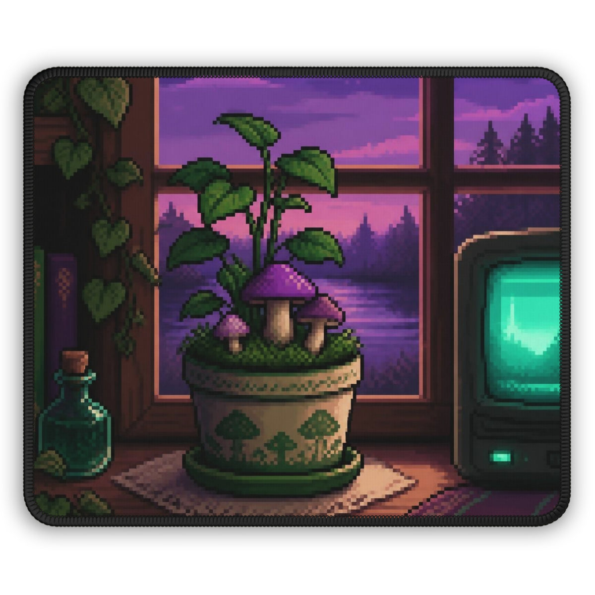Pixel Garden Mousepad — Cottagecore Pixel Art Desk Mat, CRT-Glow Decor — original Wear8bit pixel-art product design, product image 2, digital mockup