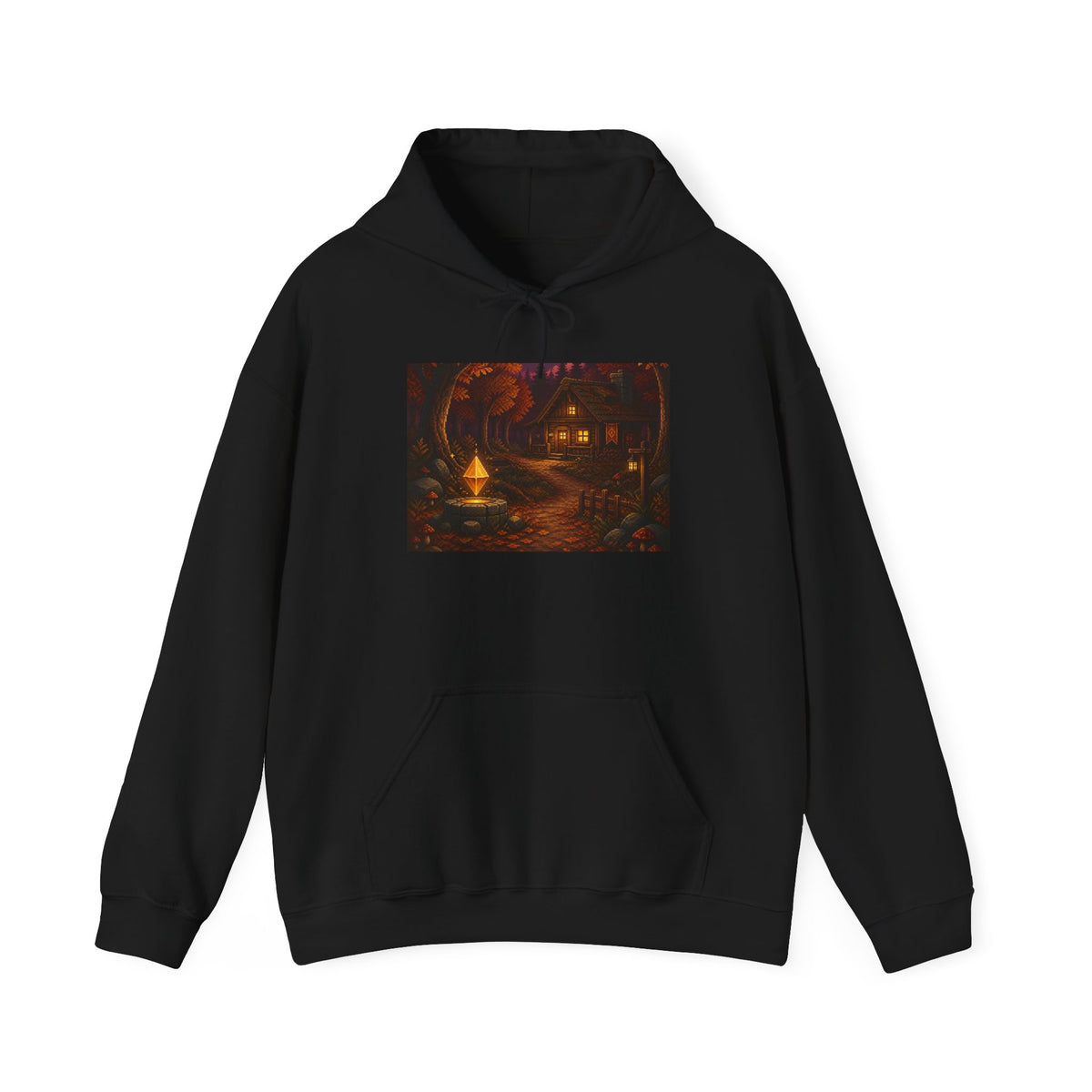 Amber Save Point Pixel Art Fleece Hoodie — Fall & Cozy — original Wear8bit pixel-art product design, product image 2, digital mockup
