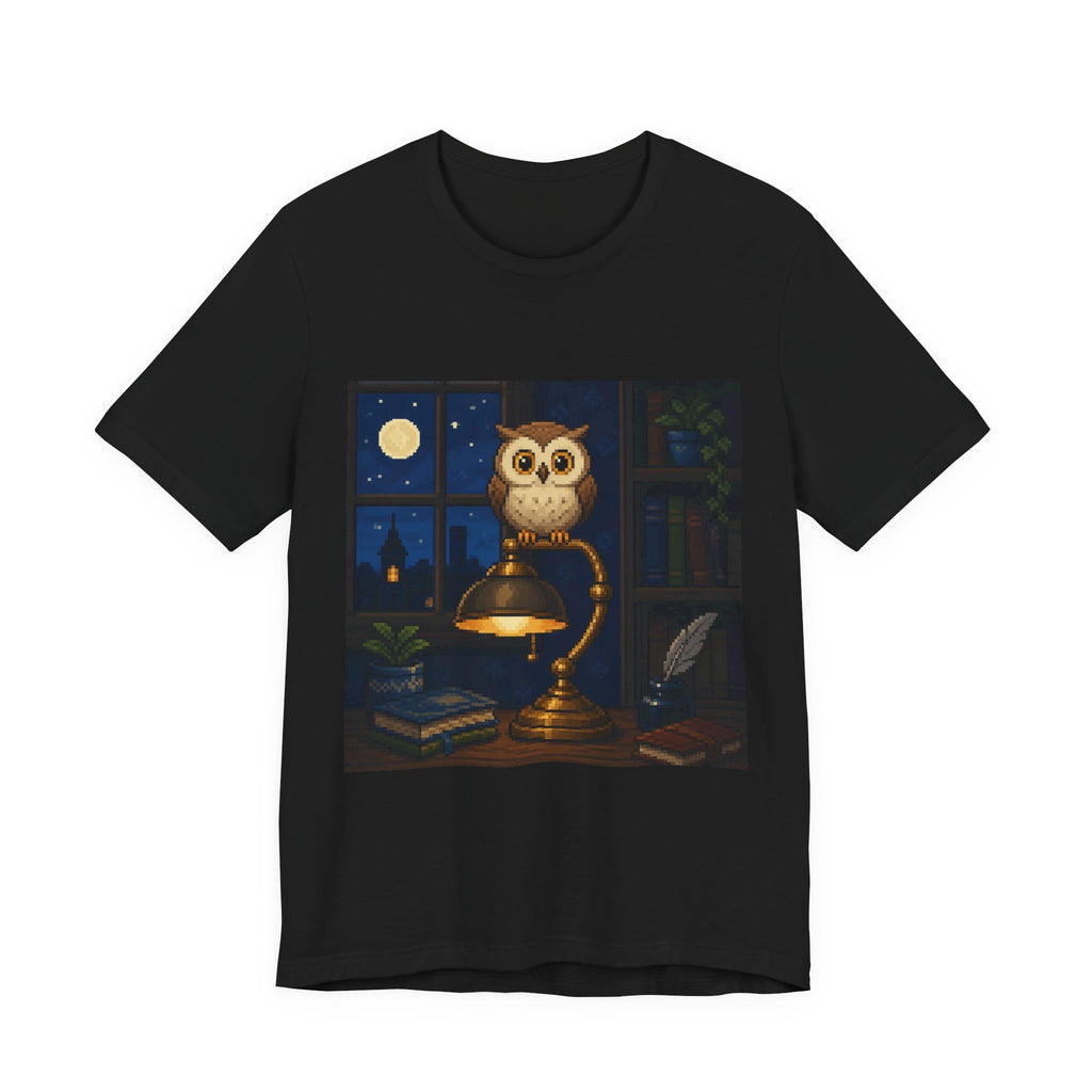 Owl Lamp Tee — original Wear8bit pixel-art product design, product image 2, digital mockup