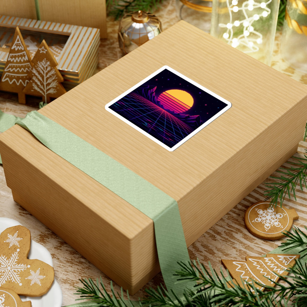 Grid Horizon Sticker — Synthwave Pixel Art Decal, Retro Gaming Vinyl Sticker — original Wear8bit pixel-art product design, product image 4, digital mockup