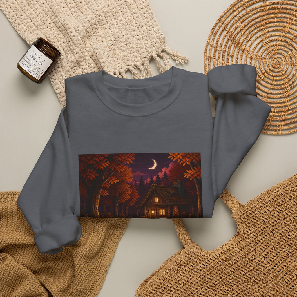 Amber Save Point Pixel Art Crewneck Sweatshirt — Fall & Cozy — original Wear8bit pixel-art product design, product image 9, digital mockup