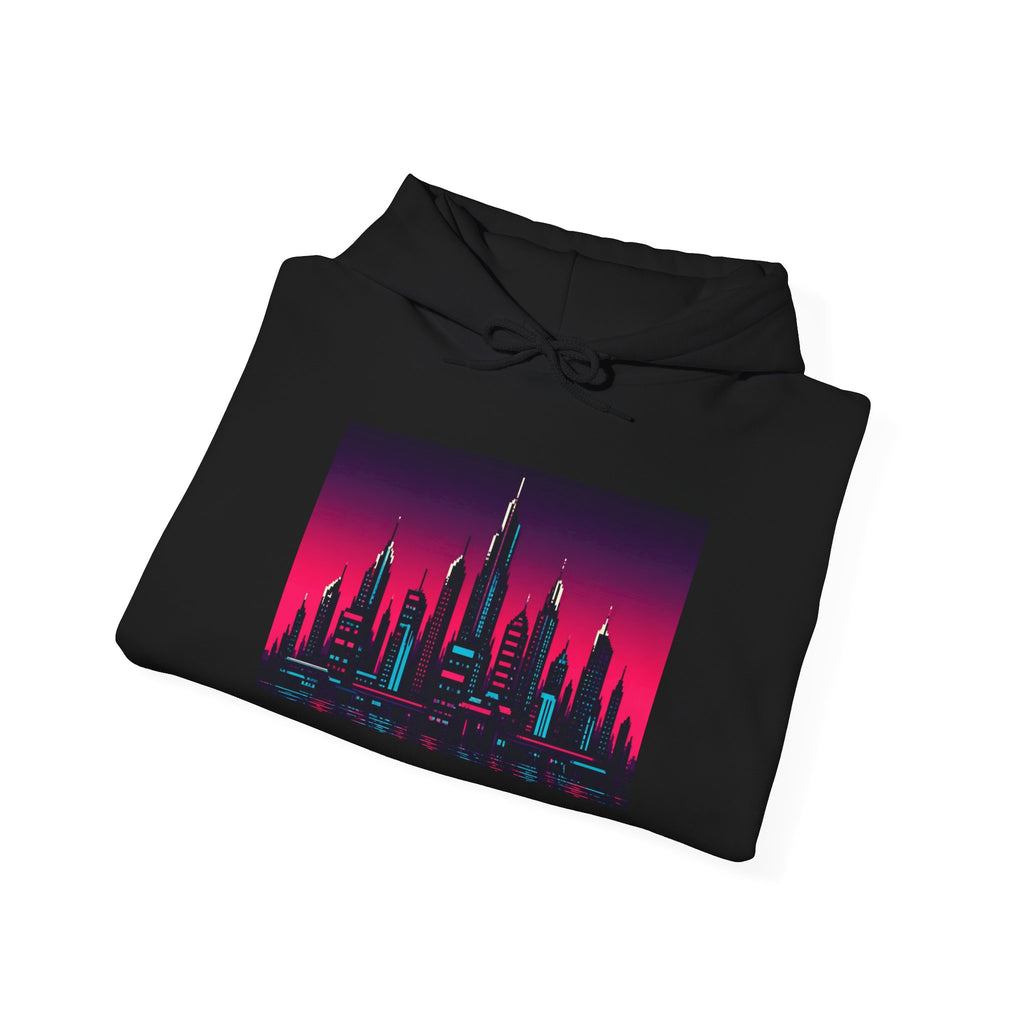 Chrome Skyline Hoodie — Retro-Futurist Pixel Art Pullover, Synthwave Merch — original Wear8bit pixel-art product design, product image 5, digital mockup