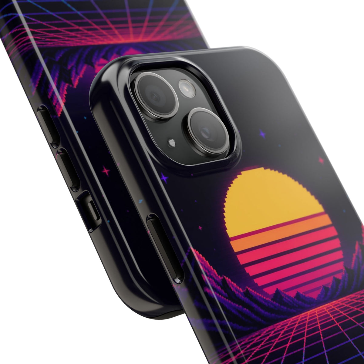 Grid Horizon Phone Case — Synthwave Pixel Art Case, Retro Gaming Phone Case — original Wear8bit pixel-art product design, product image 4, digital mockup