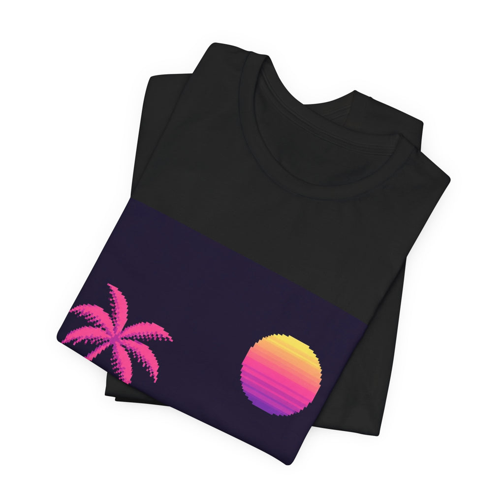Palm & Chrome Sun Graphic Tee — Minimalist Synthwave Pixel Art Shirt — original Wear8bit pixel-art product design, product image 4, digital mockup