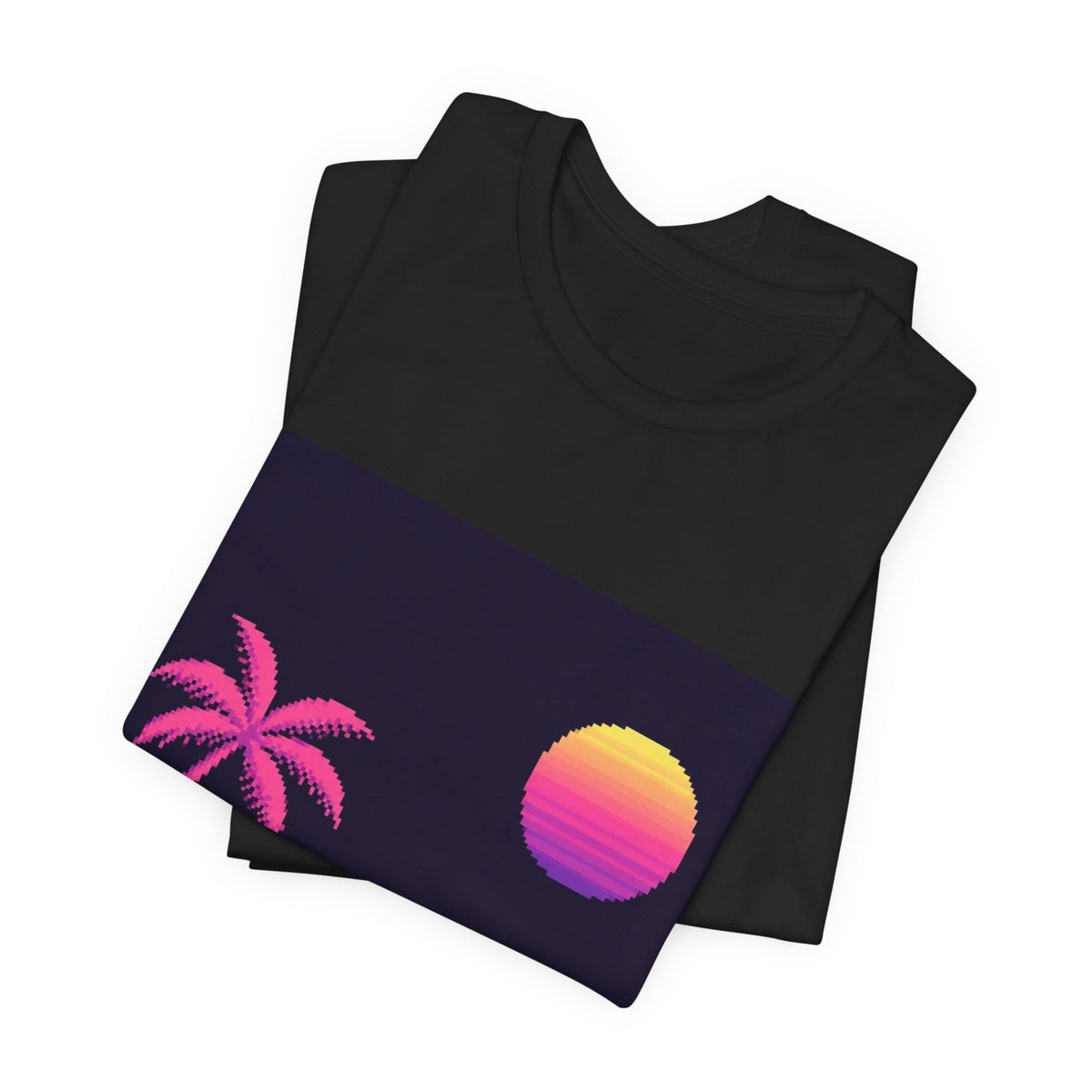 Palm & Chrome Sun Graphic Tee — Minimalist Synthwave Pixel Art Shirt — original Wear8bit pixel-art product design, product image 4, digital mockup