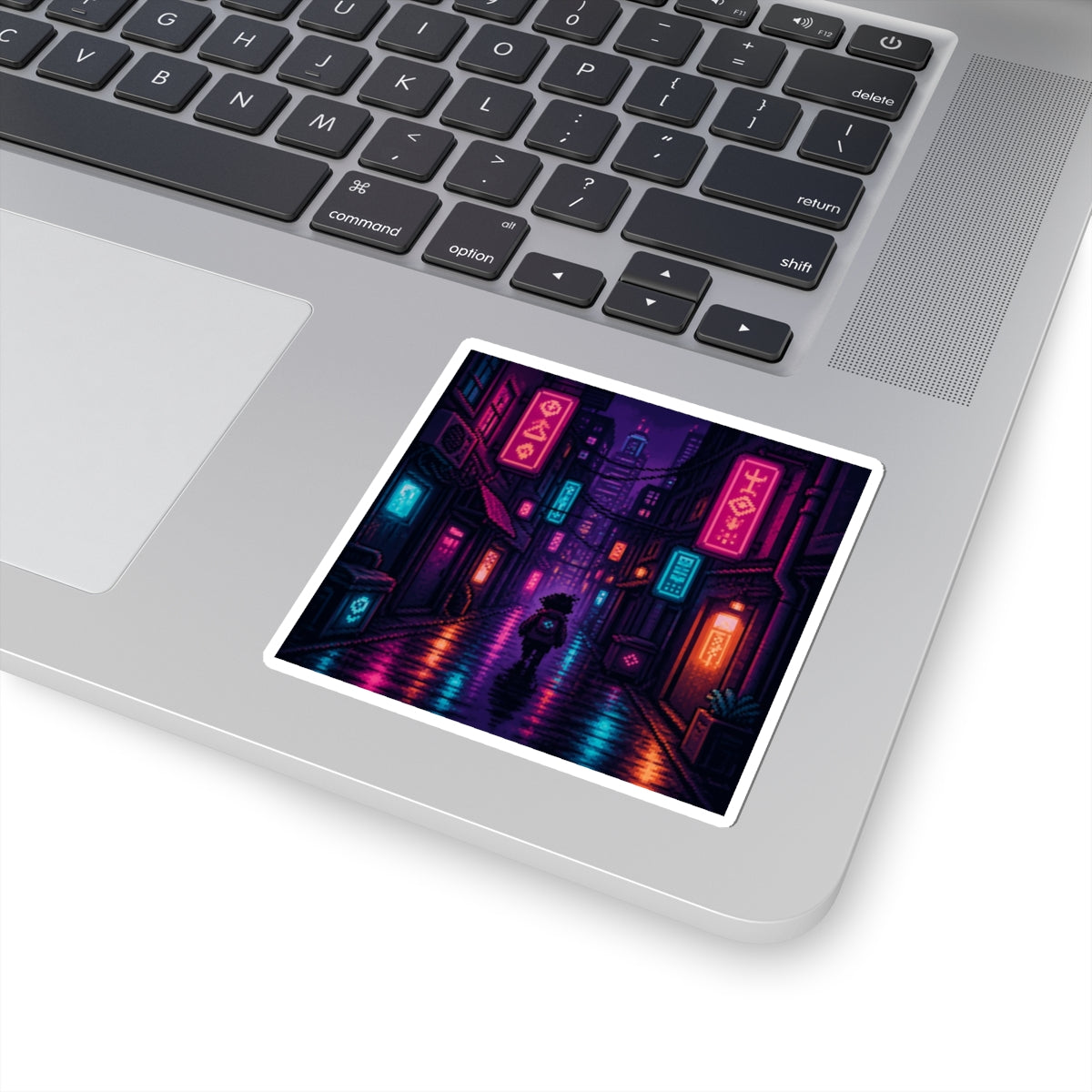 Neon District Sticker — Original Pixel Art Cityscape Decal, Anime-Aesthetic Vinyl Sticker — original Wear8bit pixel-art product design, product image 3, digital mockup
