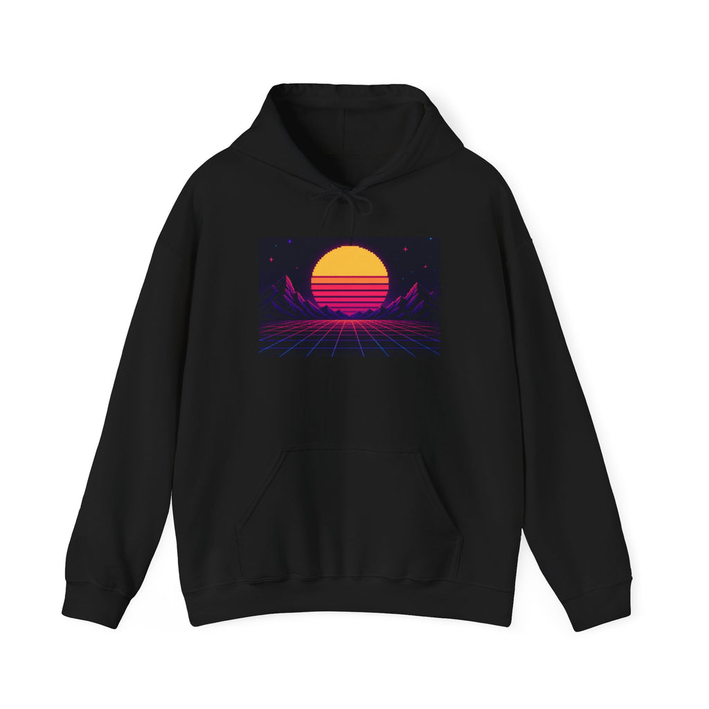 Grid Horizon Hoodie — Synthwave Pixel Art Pullover, Retro Gaming Merch — original Wear8bit pixel-art product design, product image 2, digital mockup