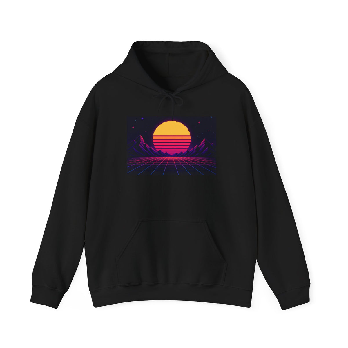 Grid Horizon Hoodie — Synthwave Pixel Art Pullover, Retro Gaming Merch — original Wear8bit pixel-art product design, product image 2, digital mockup