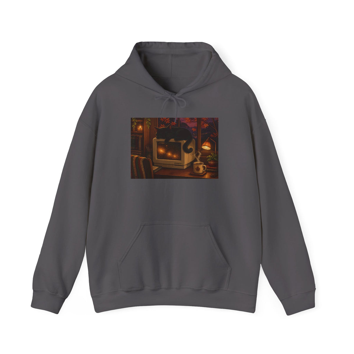 Rainy CRT Cat Pixel Art Fleece Hoodie — Fall & Cozy — original Wear8bit pixel-art product design, product image 3, digital mockup