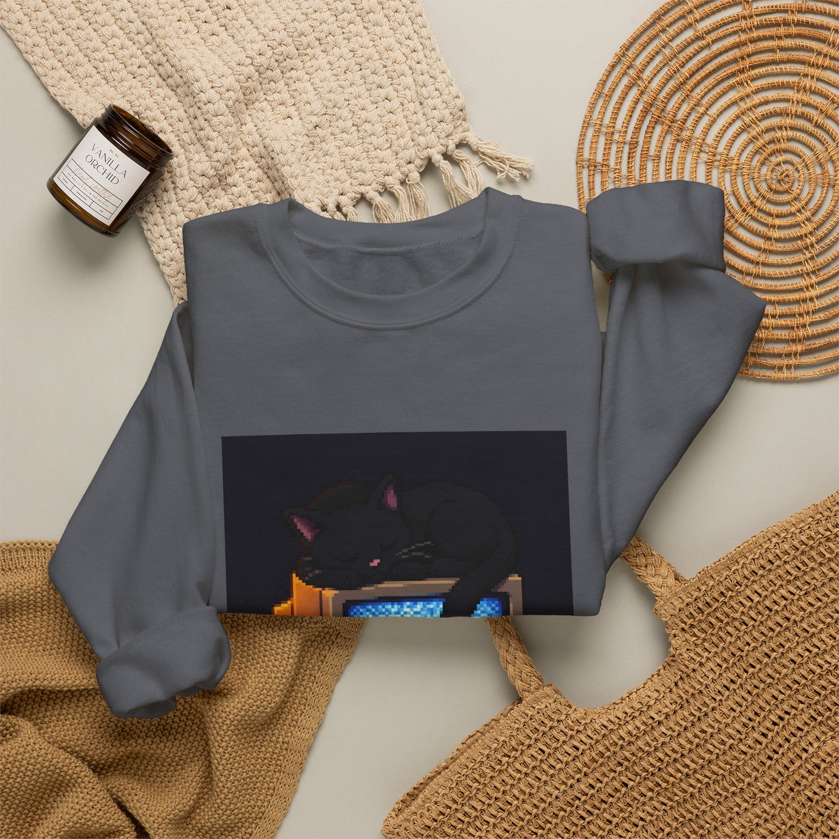 CRT Cat Pixel Art Crewneck Sweatshirt — Winter & Cozy — original Wear8bit pixel-art product design, product image 9, digital mockup