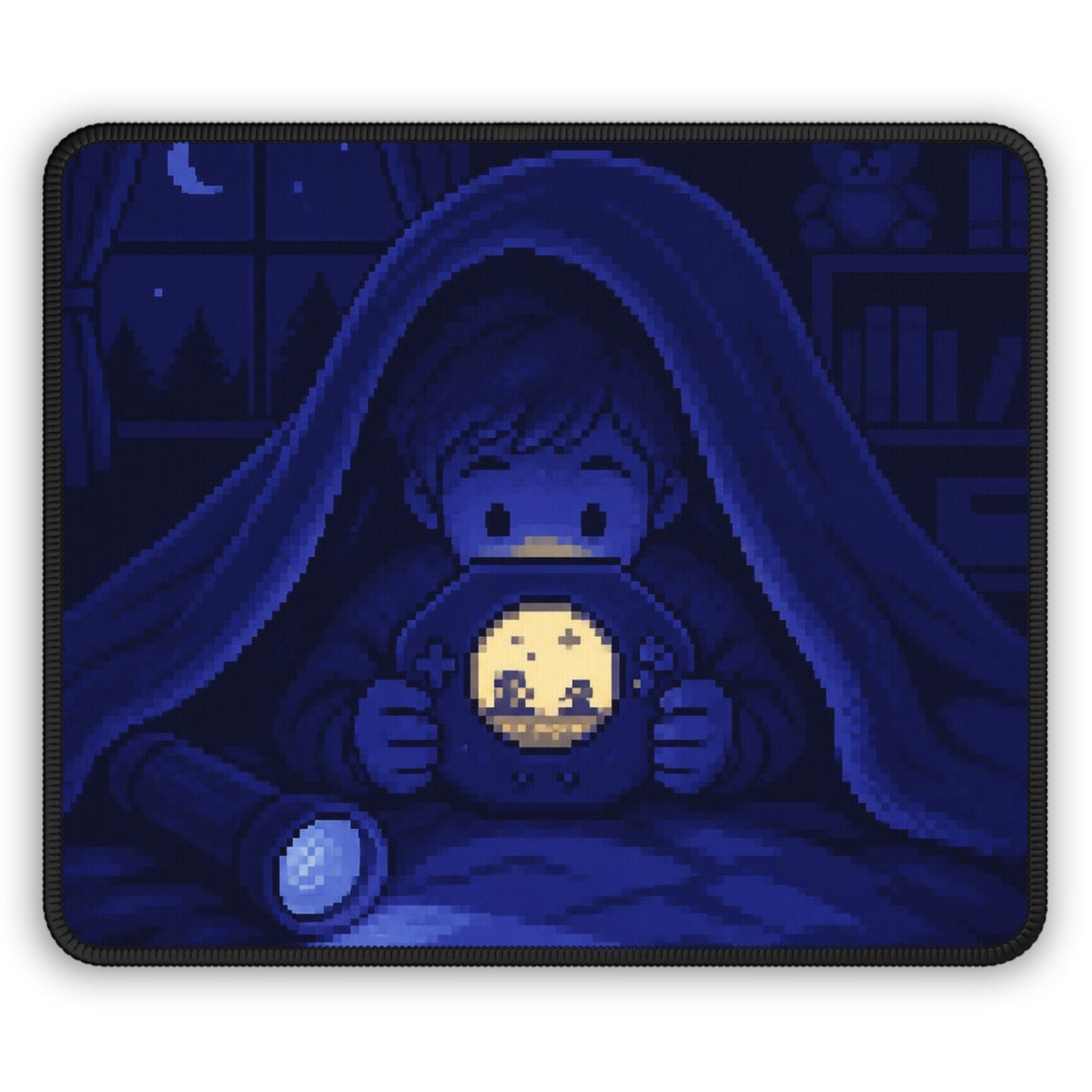 Moonlit Player Mousepad — Flashlight Gaming Pixel Art Desk Mat, Nostalgia Decor — original Wear8bit pixel-art product design, product image 2, digital mockup