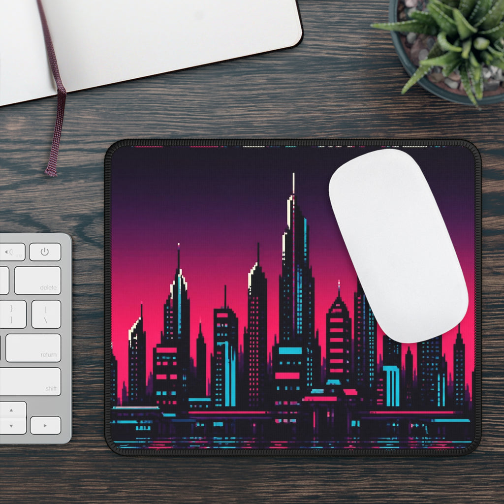 Chrome Skyline Mousepad — Retro-Futurist Pixel Art Desk Mat, Synthwave Decor — original Wear8bit pixel-art product design, product image 4, digital mockup