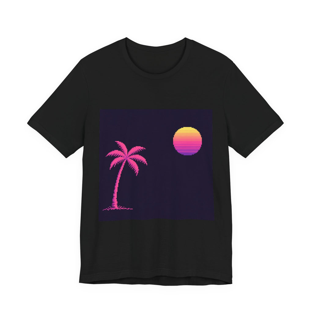 Palm & Chrome Sun Graphic Tee — Minimalist Synthwave Pixel Art Shirt — original Wear8bit pixel-art product design, product image 2, digital mockup