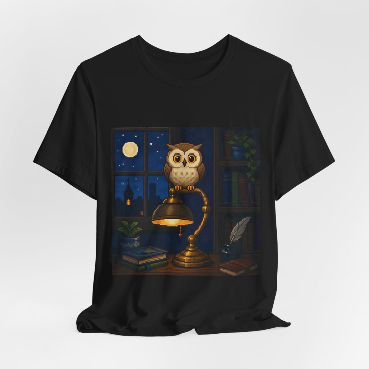 Owl Lamp Tee — original Wear8bit pixel-art product design, product image 5, digital mockup