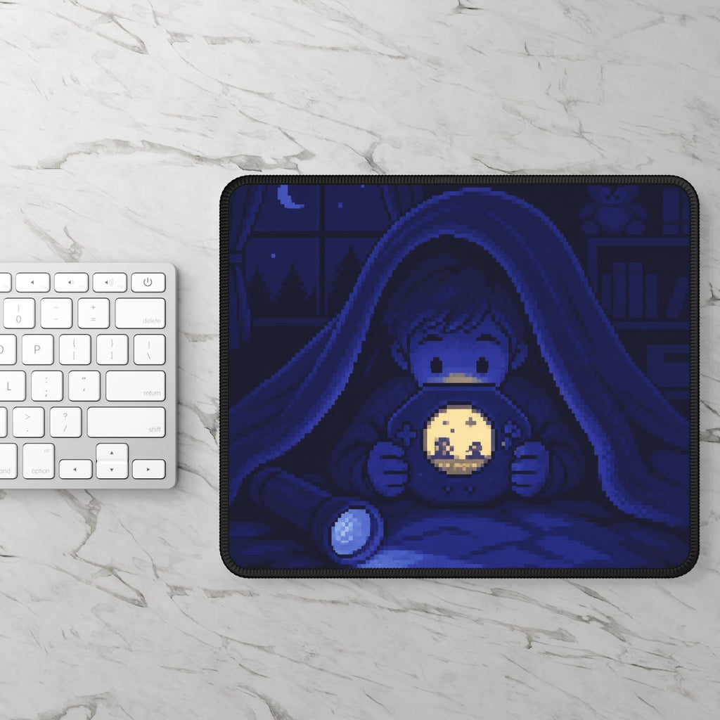 Moonlit Player Mousepad — Flashlight Gaming Pixel Art Desk Mat, Nostalgia Decor — original Wear8bit pixel-art product design, product image 3, digital mockup