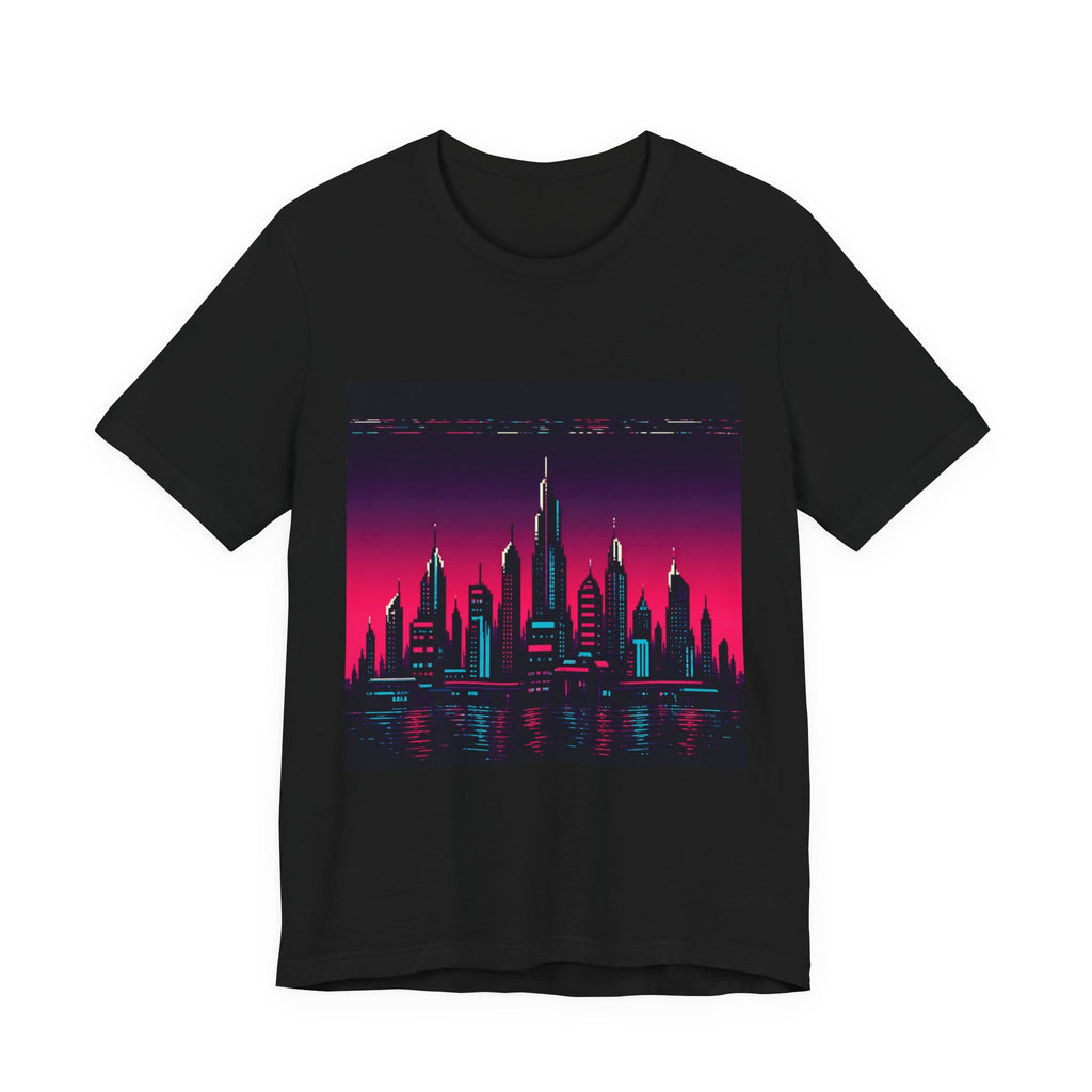 Chrome Skyline Graphic Tee — Retro-Futurist Pixel Art, Synthwave Gaming Shirt — original Wear8bit pixel-art product design, product image 2, digital mockup