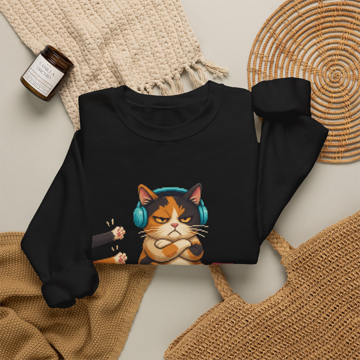Healer On Strike Gaming Cat Crewneck Sweatshirt — Wear8bit — supplier digital product render, angle 5