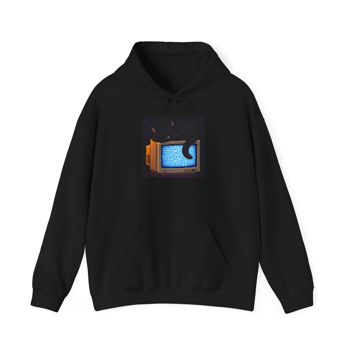 CRT Cat Pixel Art Fleece Hoodie — Winter & Cozy — original Wear8bit pixel-art product design, product image 2, digital mockup