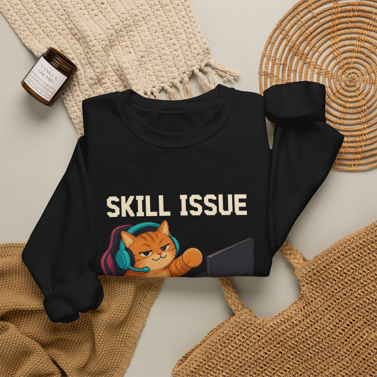 Skill Issue Gaming Cat Crewneck Sweatshirt — Wear8bit — supplier digital product render, angle 5
